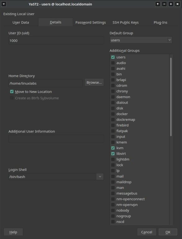 This image shows openSUSE YaST user and group management