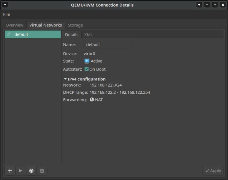 This image shows QEMU KVM virtual networks management interface