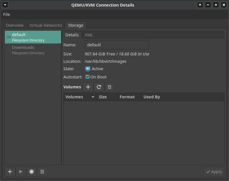 This image shows QEMU KVM storage management interface