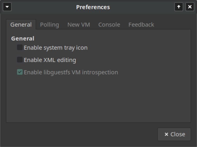 This image shows Virt-Manager QEMU KVM general preferences