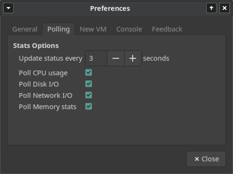 This image shows Virt-Manager QEMU KVM polling preferences