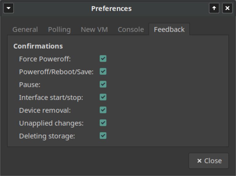 This image shows Virt-Manager QEMU KVM feedback preferences