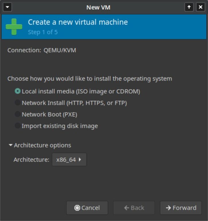 This image shows Virt-Manager new virtual machine step 1 of 5