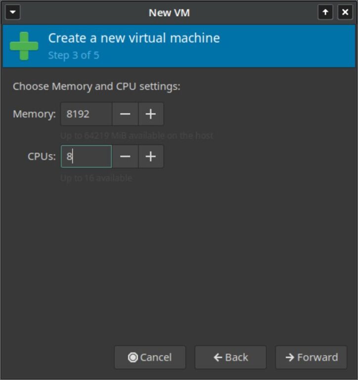 This image shows Virt-Manager new virtual machine step 3 of 5