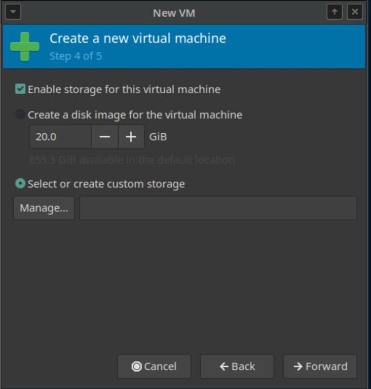 This image shows Virt-Manager new virtual machine step 4 of 5