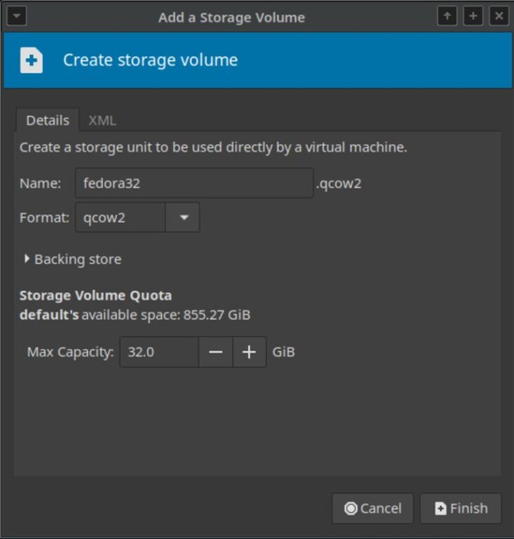 This image shows Virt-Manager new virtual machine step 4 of 5. Manual creation of virtual disk