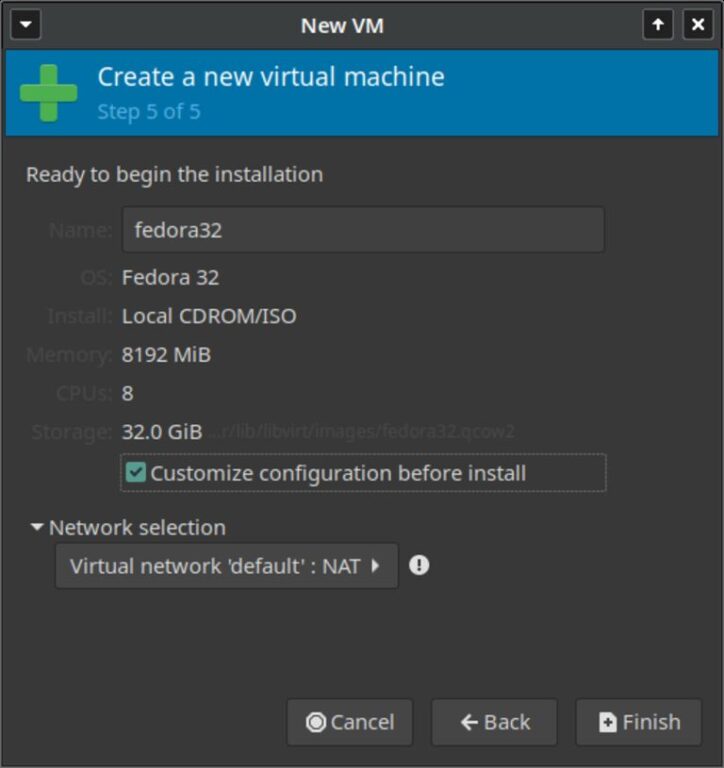 This image shows Virt-Manager new virtual machine step 5 of 5.