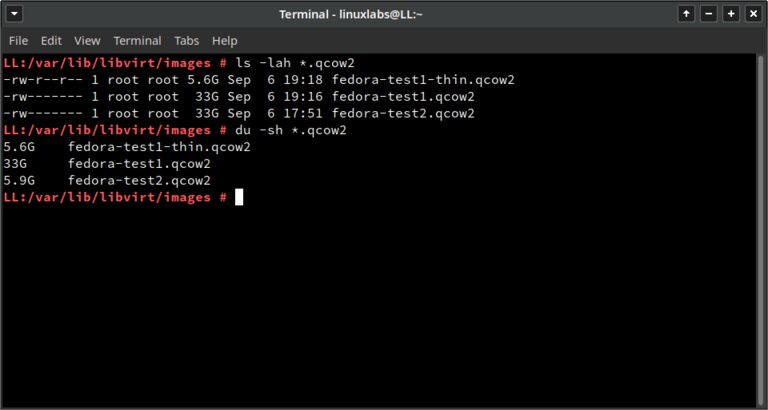 This image shows terminal commands on how to properly check if virtual machine storage is thin provisioned or not. We can clearly see that we managed to sparsify a virtual machine.