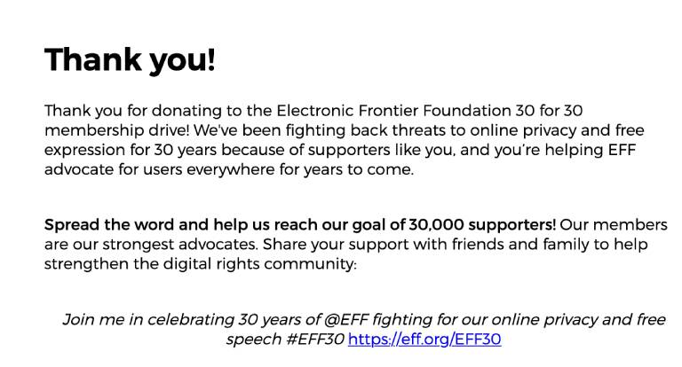 thank you notice for donation from EFF