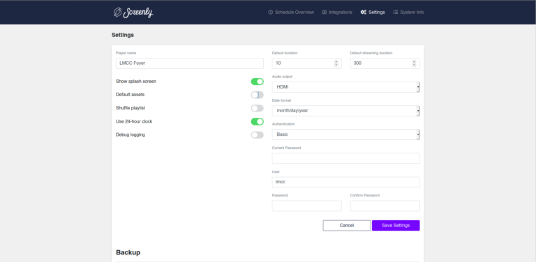 Screenly Settings page 1