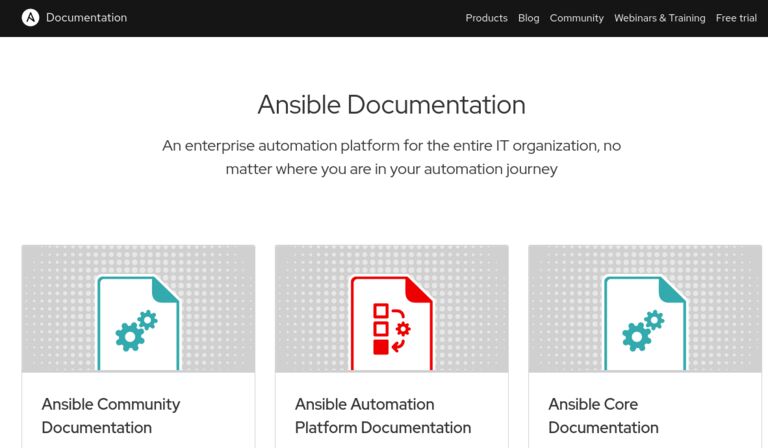 image of the homepage for Ansible Documentation