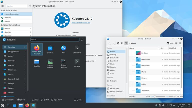 This image shows the desktop of Kubuntu 21.10 "Impish Indri"