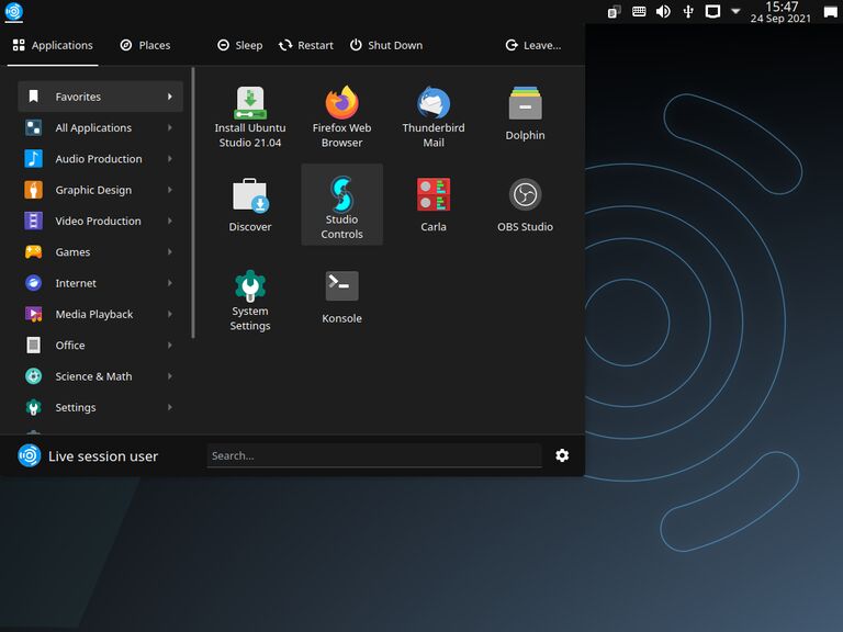 This image shows the desktop of Ubuntu Studio 21.10 "Impish Indri"