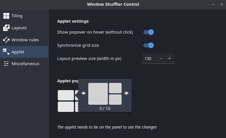 this image shows Window Shuffler applet settings