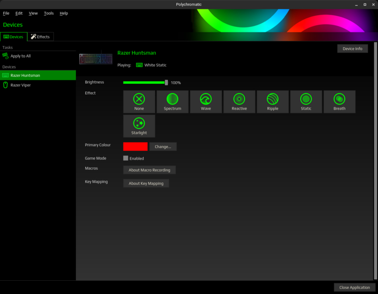 This image shows Razer Huntsman Device menu in Polychromatic application.