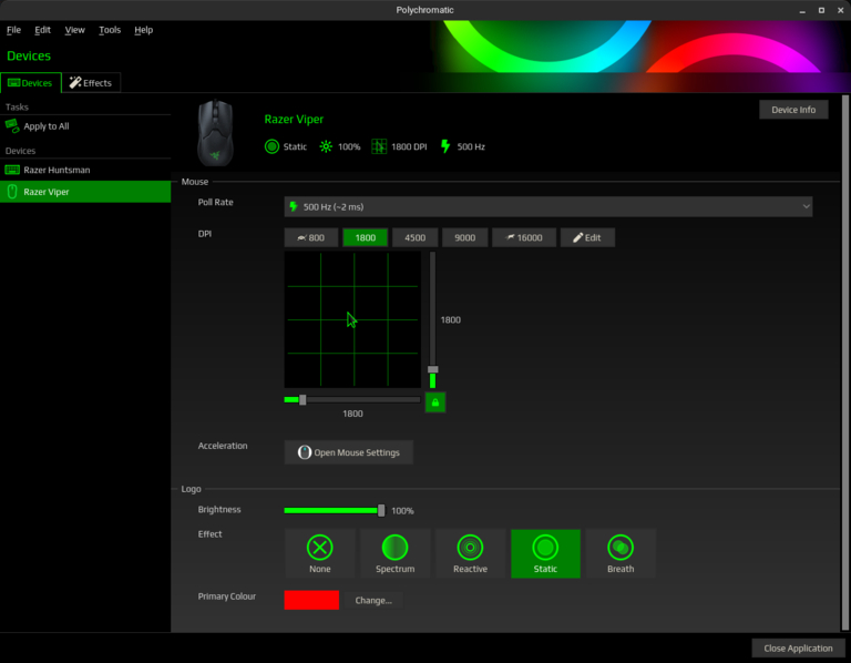 This image shows Razer Viper Device menu in Polychromatic application.