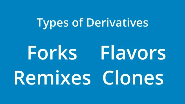 White text on top of bluebackground that lists the 4 main types of derivative distros: Forks, Flavors, Remixes, and Clones