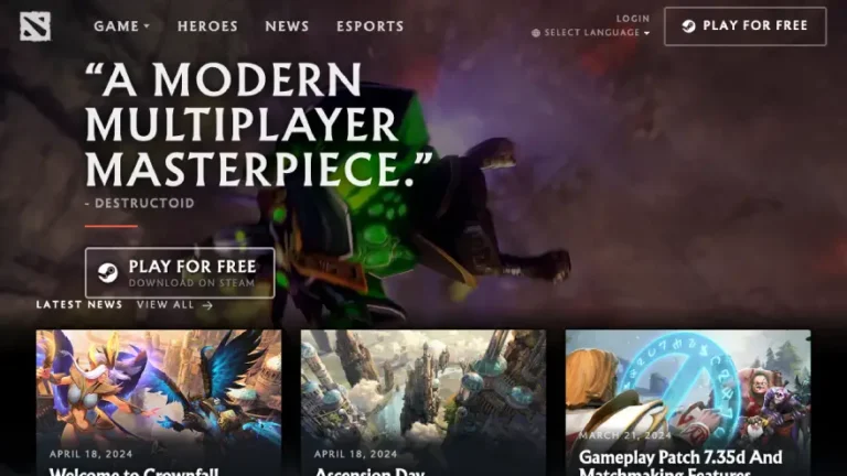 screenshot of the homepage of Dota 2 game from Valve