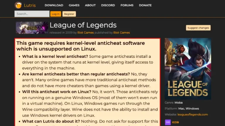 screenshot of the League of Legends page on Lutris.net that explains the issue with trying to play LoL on Linux