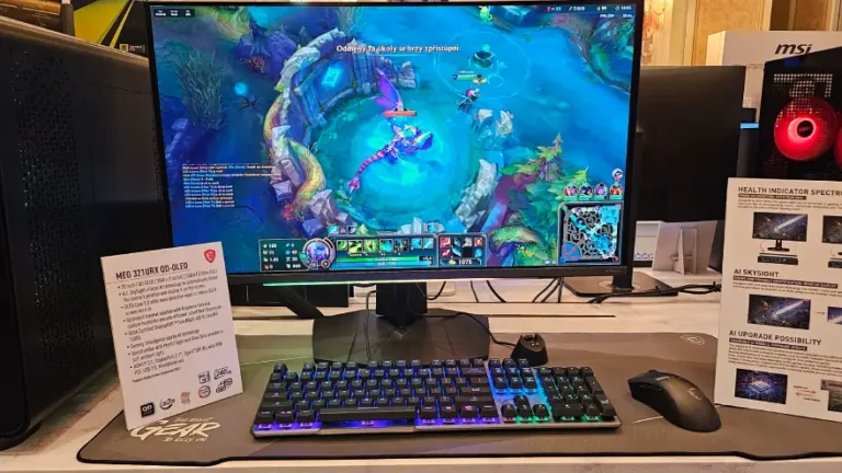 MSI AI powered cheating monitor sitting on a table at CES demoing what it can do on League of Legends