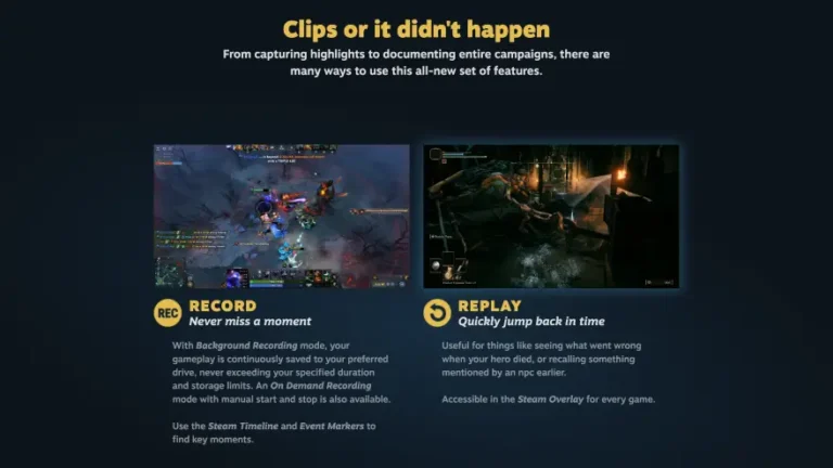 screenshot of the announcement page where it says "Clips or it didn't happen" and demos features like Recording and Replay.