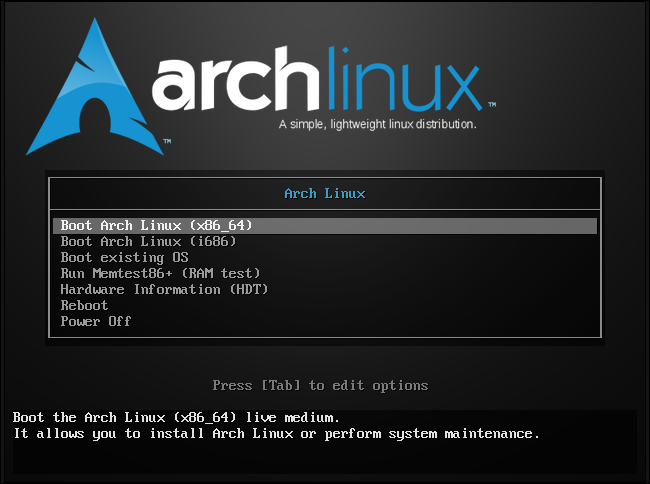 Boot screen for Arch Linux, the king of rolling release distributions. (Credit: Chris Hoffman on howtogeek.com)