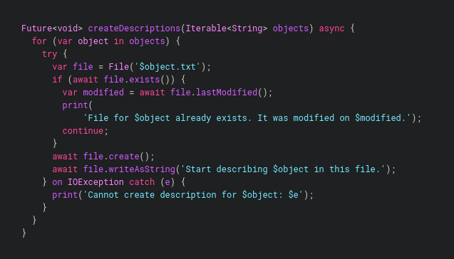 Example of asynchronous Dart code. (Credit: dart.dev)