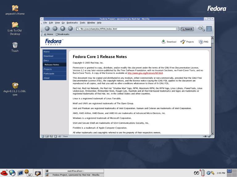 Fedora Core 1 interface