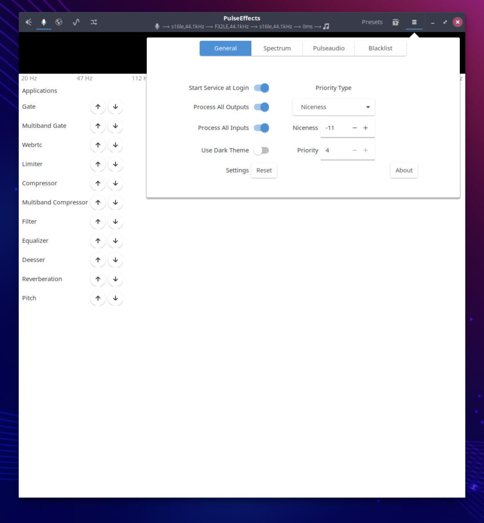 PulseEffects settings panel