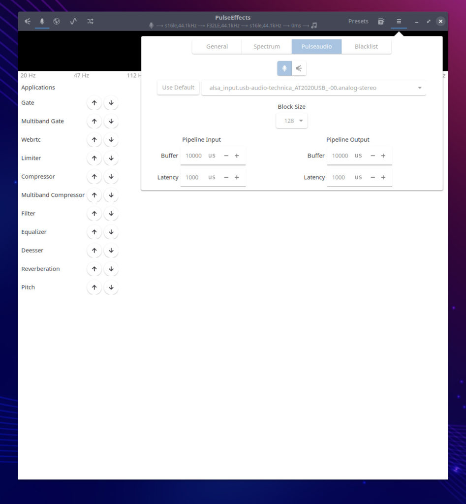 Pulseaudio tab in PulseEffects settings panel