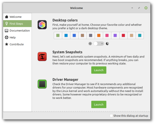 The new Mint welcome application with desktop color choices. (Credit: linuxmint.com)