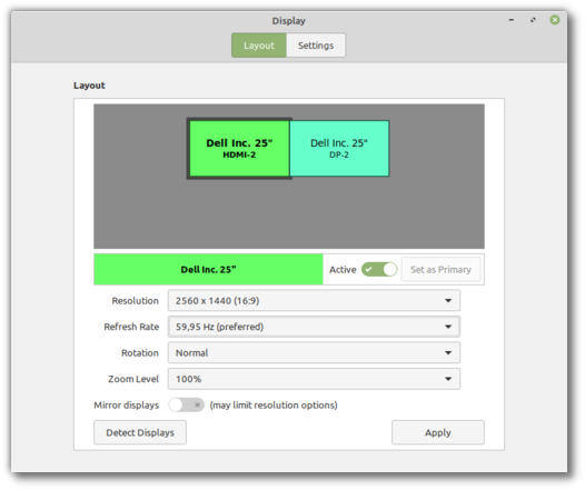 The new Display Settings menu with refresh rate option. (Credit: linuxmint.com)